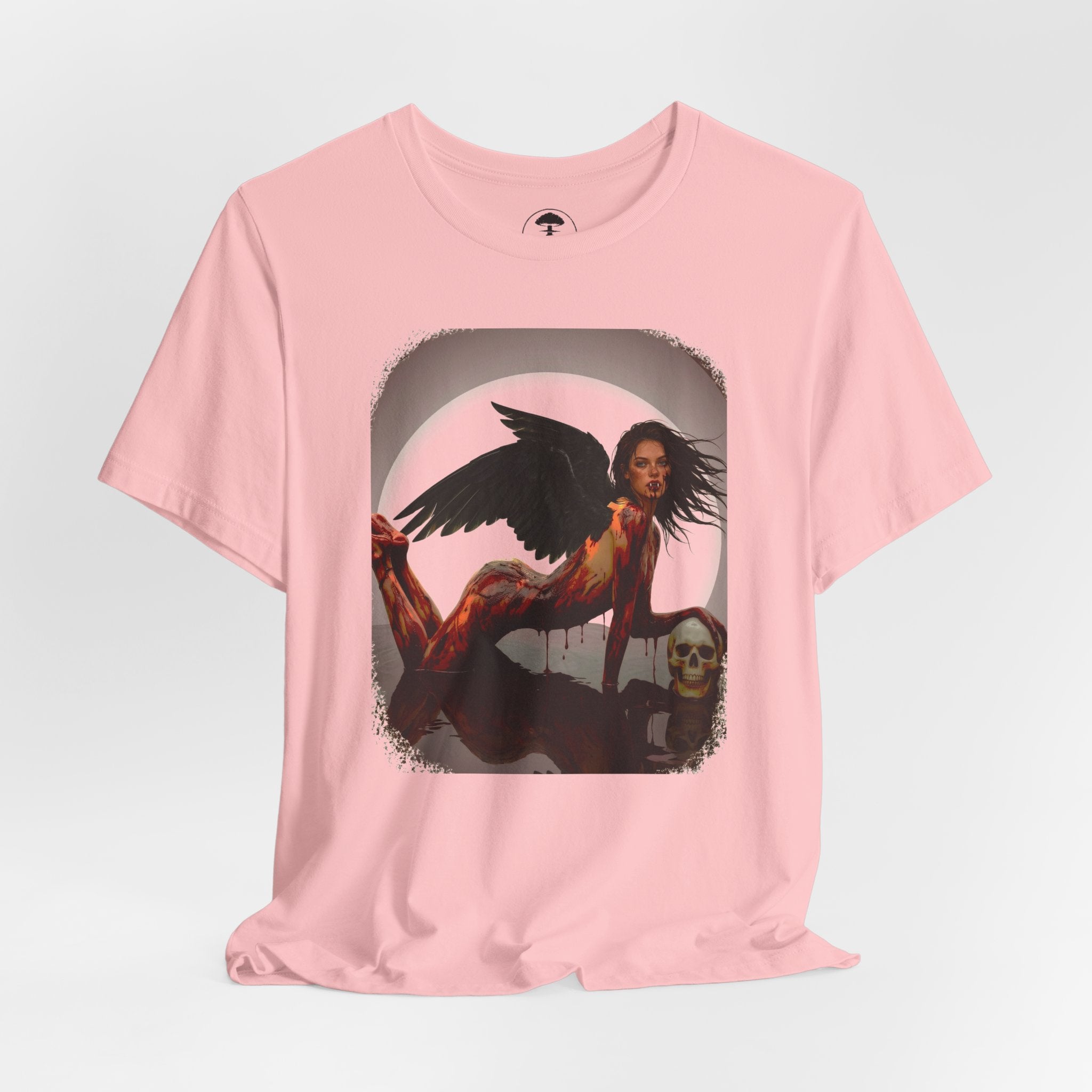 Gothic Fallen Angel With Skull Tee — Dark Fantasy Winged Woman Graphic T-Shirt