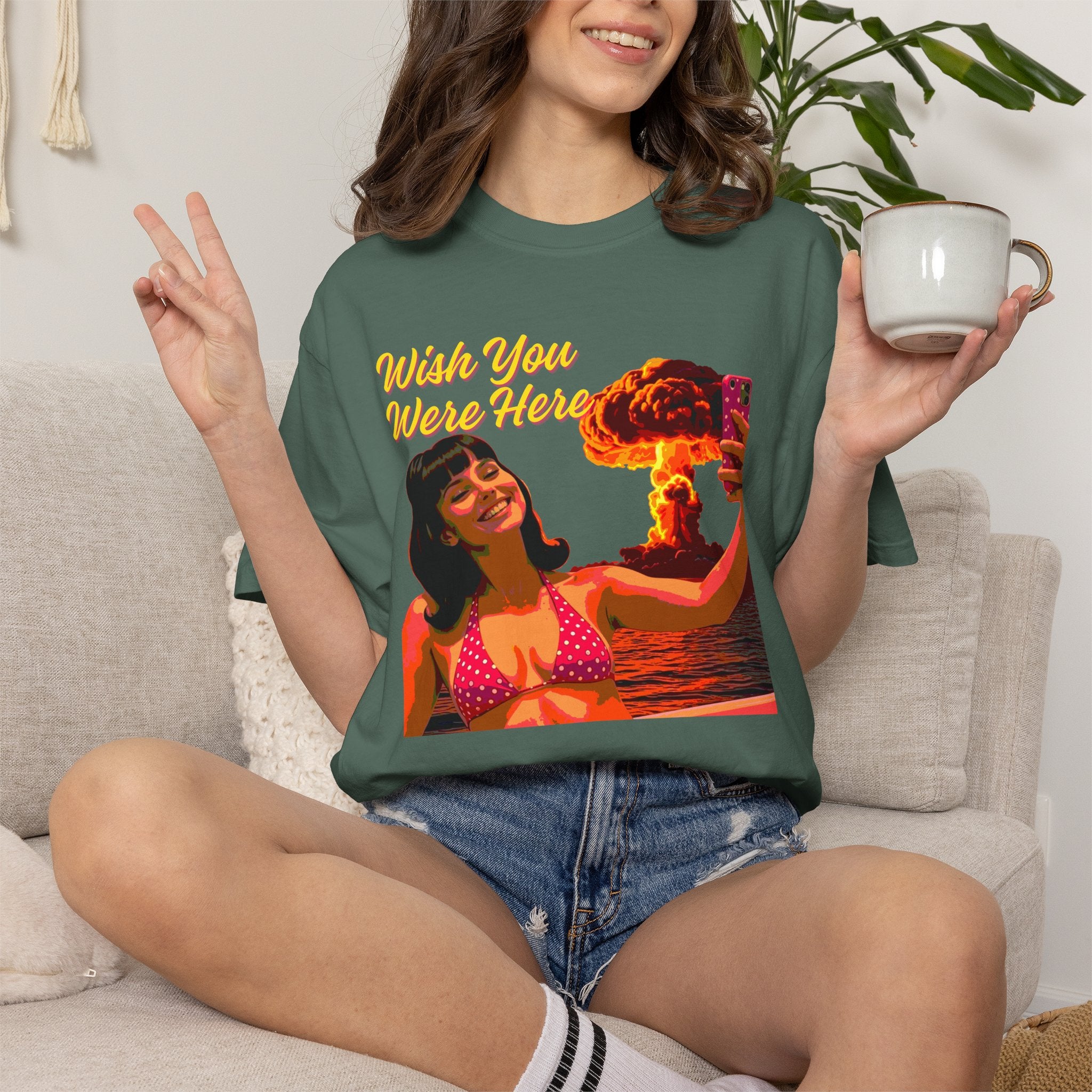 Wish You Were Here -- Bikini Selfie Nuclear Glam — Retro Apocalyptic Postcard Tee